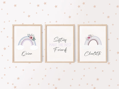 Set of 3, sisters make the very best friends personalised rainbow name sister bedroom unframed wall art poster print