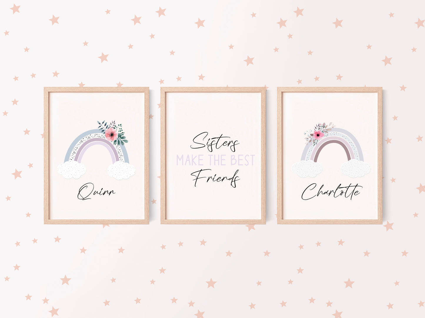 Set of 3, sisters make the very best friends personalised rainbow name sister bedroom unframed wall art poster print