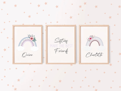 Set of 3, sisters make the very best friends personalised rainbow name sister bedroom unframed wall art poster print