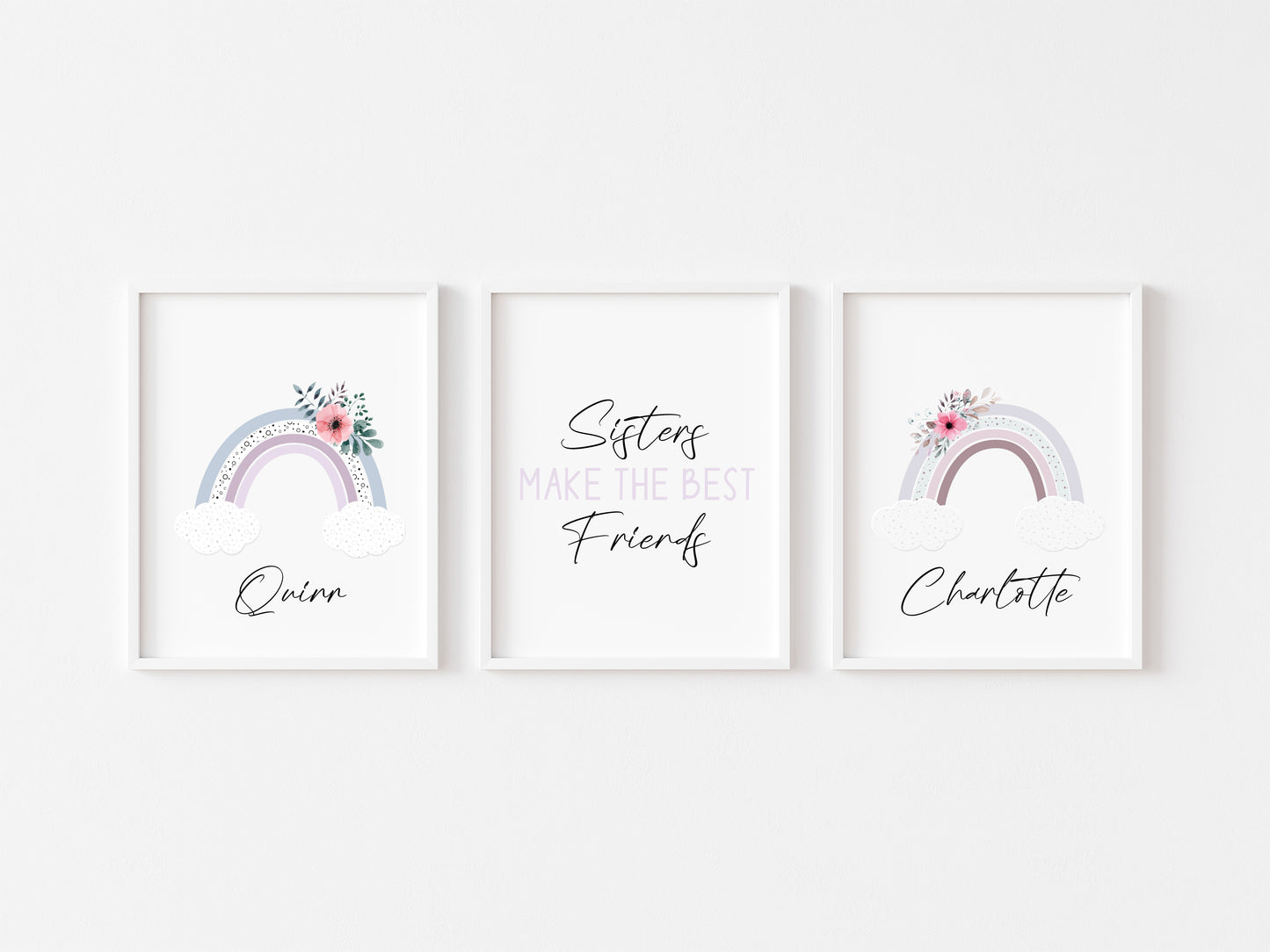 Set of 3, sisters make the very best friends personalised rainbow name sister bedroom unframed wall art poster print