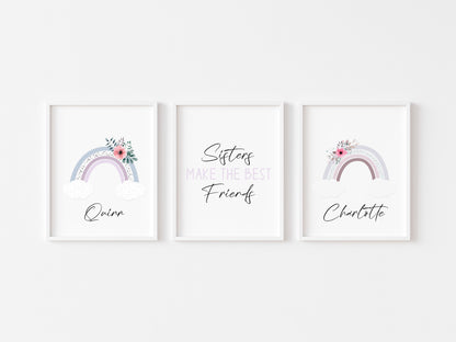 Set of 3, sisters make the very best friends personalised rainbow name sister bedroom unframed wall art poster print