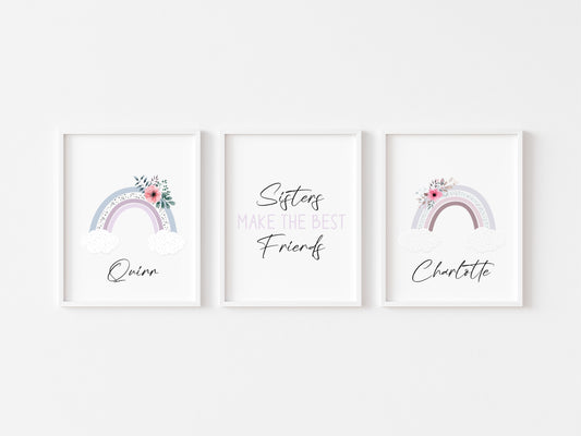 Set of 3, sisters make the very best friends personalised rainbow name sister bedroom unframed wall art poster print