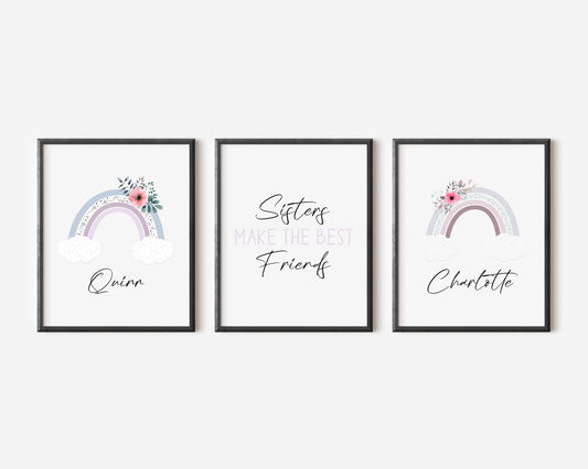 Set of 3, sisters make the very best friends personalised rainbow name sister bedroom unframed wall art poster print
