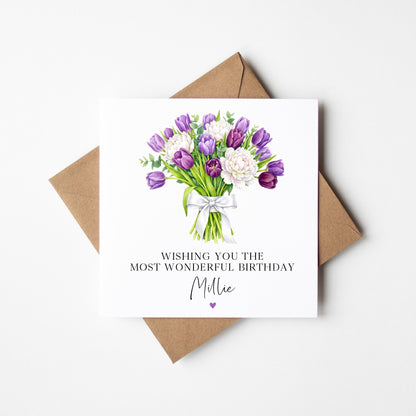 Personalised Birthday Card Peonies Tulips for women, Mum, Daughter, friends (Envelope Included)