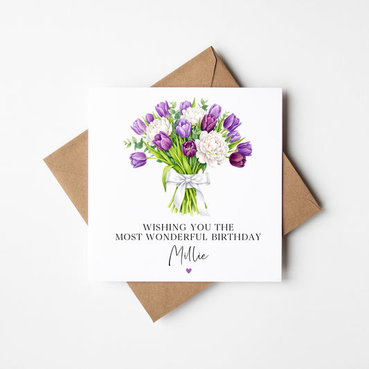 Personalised Birthday Card Peonies Tulips for women, Mum, Daughter, friends (Envelope Included)