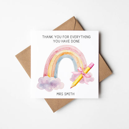 Personalised thank you card rainbow pencil pastel watercolour thank you teacher school nursery mentor assistant card with brown envelope