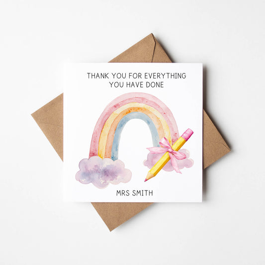 Personalised thank you card rainbow pencil pastel watercolour thank you teacher school nursery mentor assistant card with brown envelope