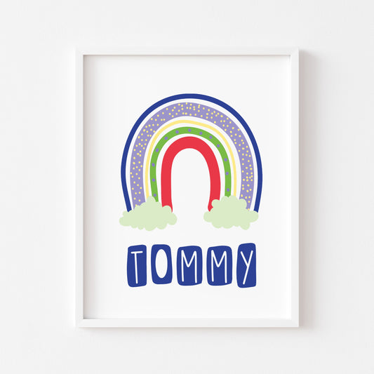 Personalised rainbow print, nursery kids bedroom blue unframed wall art poster