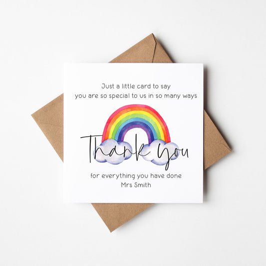 Personalised Watercolour Rainbow Thank You Teacher Nursery Card