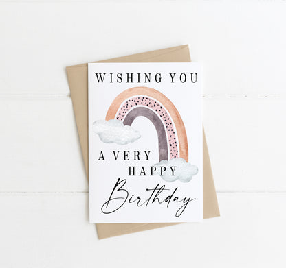 Happy birthday card, wishing you a very happy,pretty pink purple dotty half rainbow watercolour card with envelope,kraft brown or white