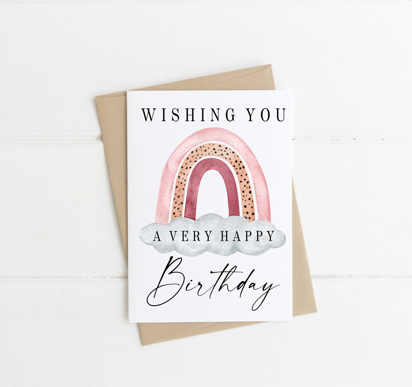 Happy birthday card, wishing you a very happy,pretty red orange pink dotty rainbow watercolour card with envelope,kraft brown or white