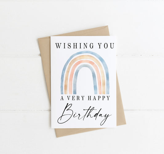 £1 CARD SALE - Happy Birthday blue yellow watercolour rainbow