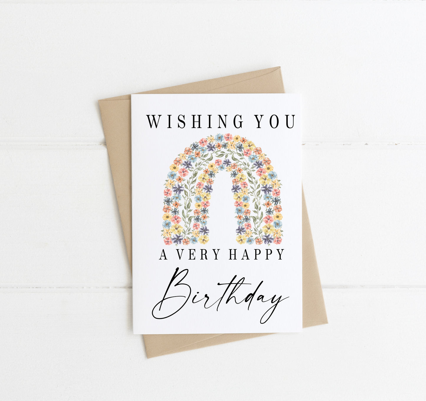 Happy birthday card, wishing you a very happy,pretty floral blue purple orange rainbow watercolour card with envelope,kraft brown or white