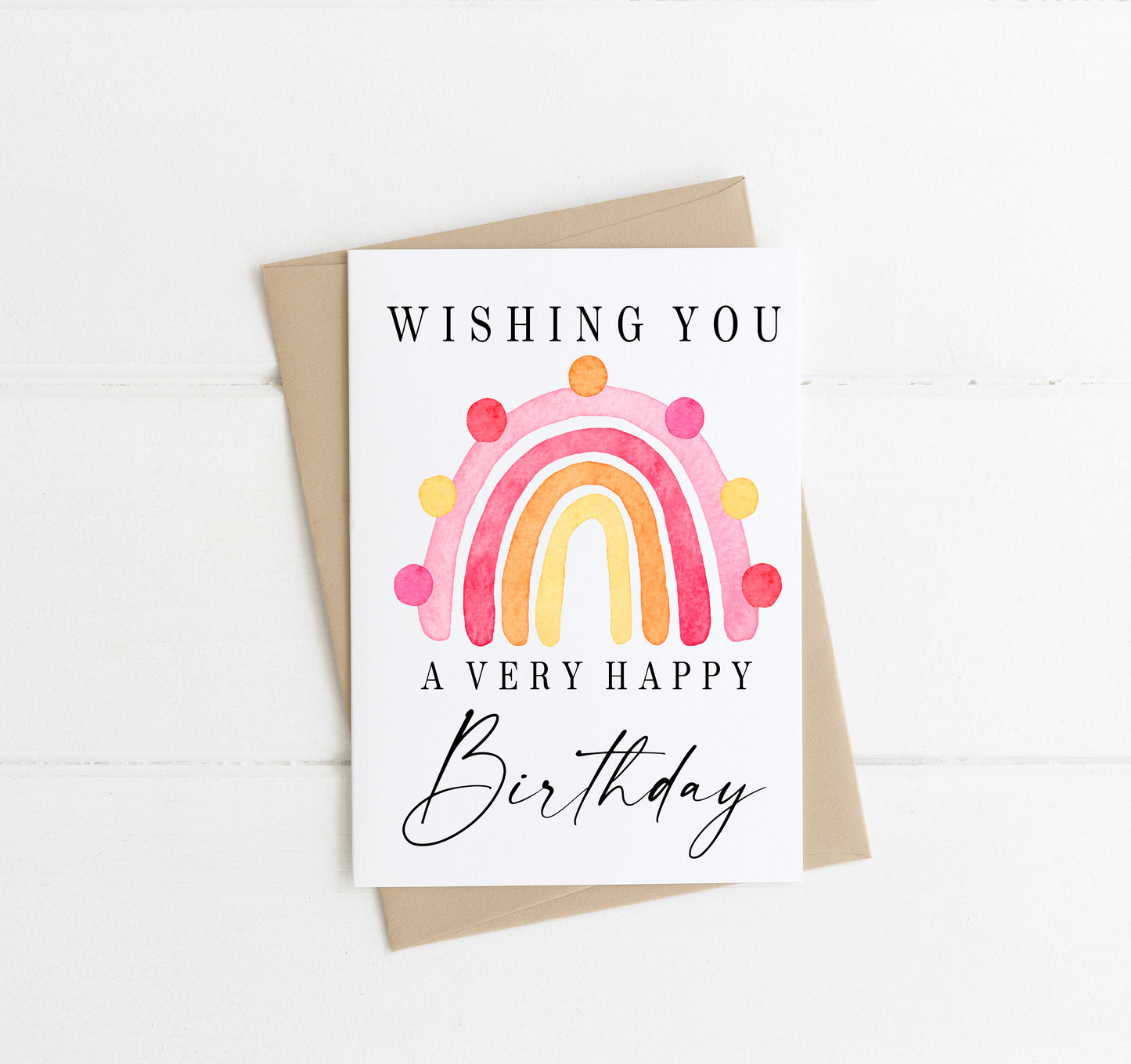 Happy birthday card, wishing you a very happy,pretty pink yellow dotty rainbow watercolour card with envelope,kraft brown or white