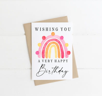 Happy birthday card, wishing you a very happy,pretty pink yellow dotty rainbow watercolour card with envelope,kraft brown or white