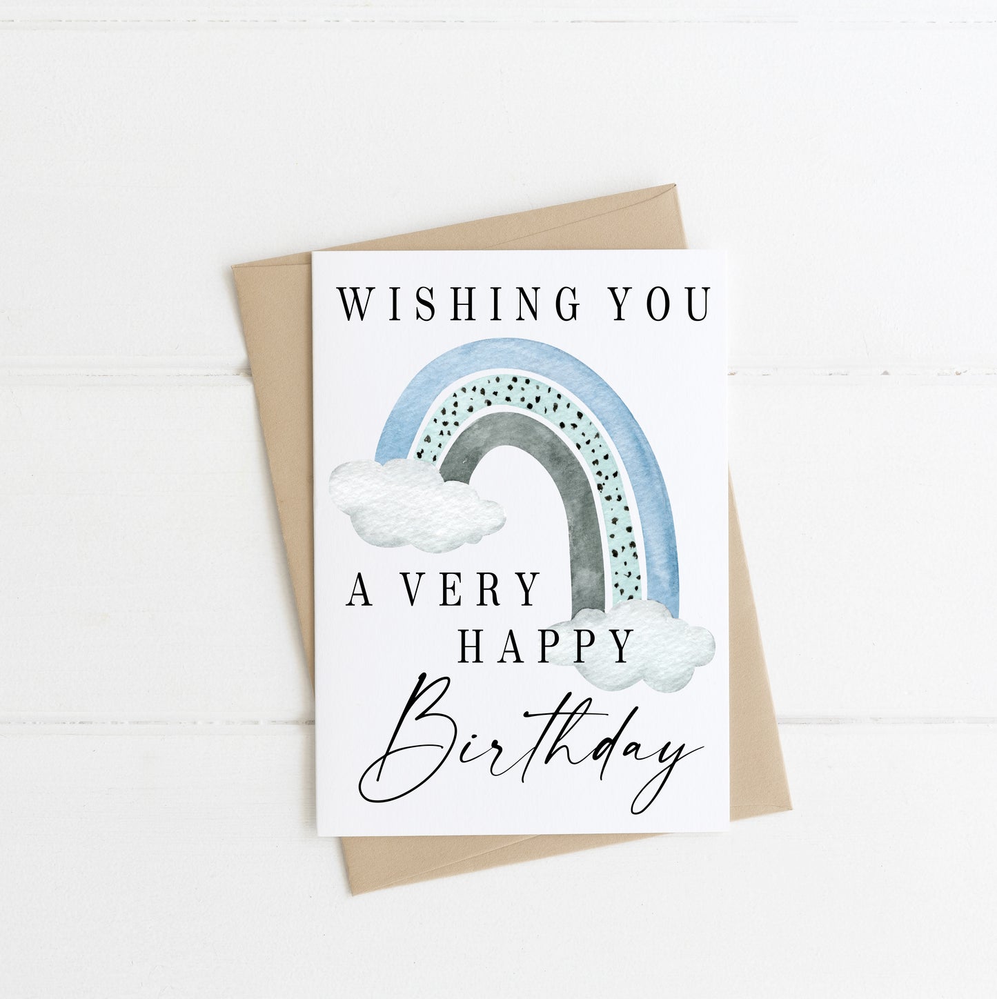 Happy birthday card, wishing you a very happy pretty blue green shade dotty half rainbow watercolour card with envelope,kraft brown or white