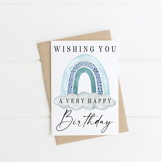 £1 CARD SALE - Happy Birthday blue grey dotty watercolour rainbow