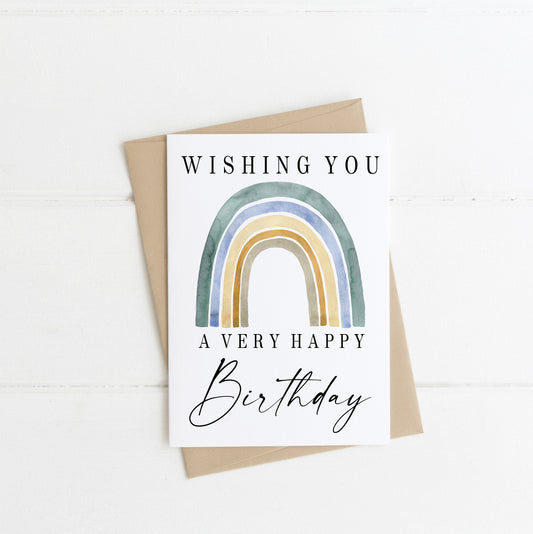 £1 CARD SALE - Happy Birthday blue green watercolour rainbow