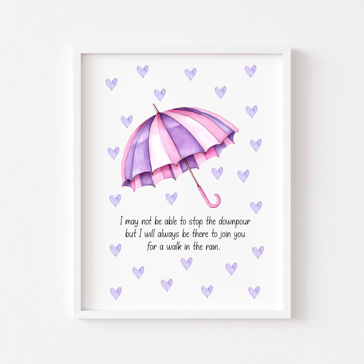 Walk in the Rain Print Rainbow Umbrella, pink purple hearts Motivational Wall Art (unframed)