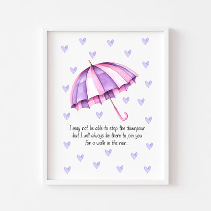 Walk in the Rain Print Rainbow Umbrella, pink purple hearts Motivational Wall Art (unframed)