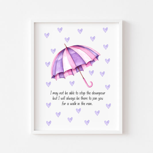 Walk in the Rain Print Rainbow Umbrella, pink purple hearts Motivational Wall Art (unframed)