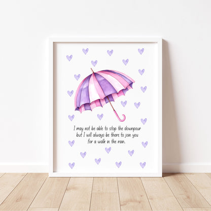 Walk in the Rain Print Rainbow Umbrella, pink purple hearts Motivational Wall Art (unframed)