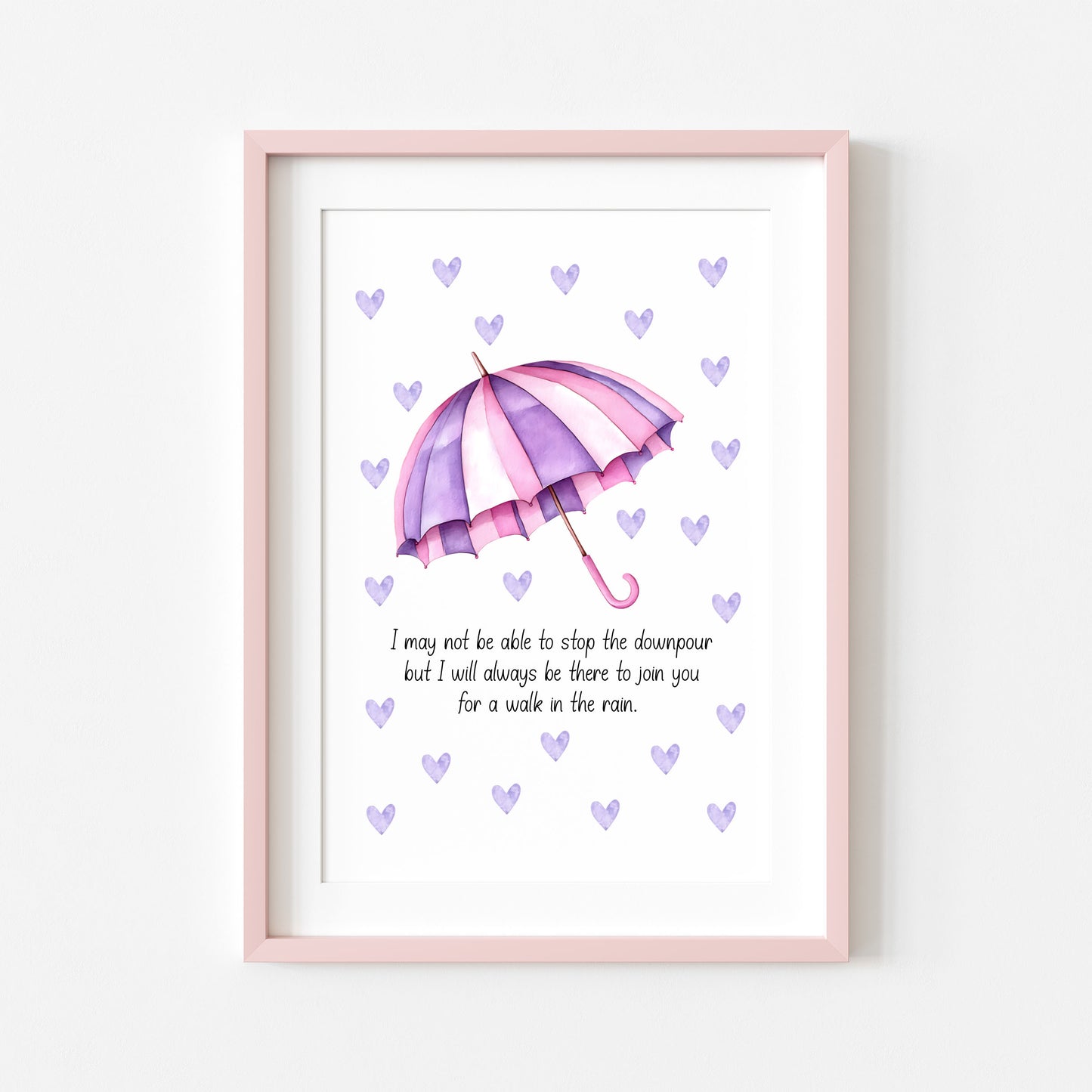 Walk in the Rain Print Rainbow Umbrella, pink purple hearts Motivational Wall Art (unframed)