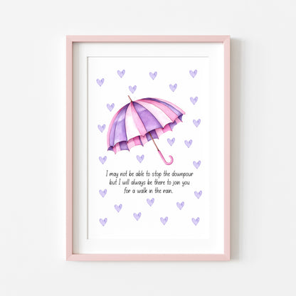 Walk in the Rain Print Rainbow Umbrella, pink purple hearts Motivational Wall Art (unframed)
