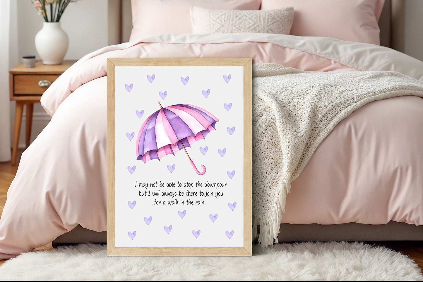 Walk in the Rain Print Rainbow Umbrella, pink purple hearts Motivational Wall Art (unframed)