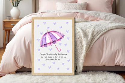 Walk in the Rain Print Rainbow Umbrella, pink purple hearts Motivational Wall Art (unframed)