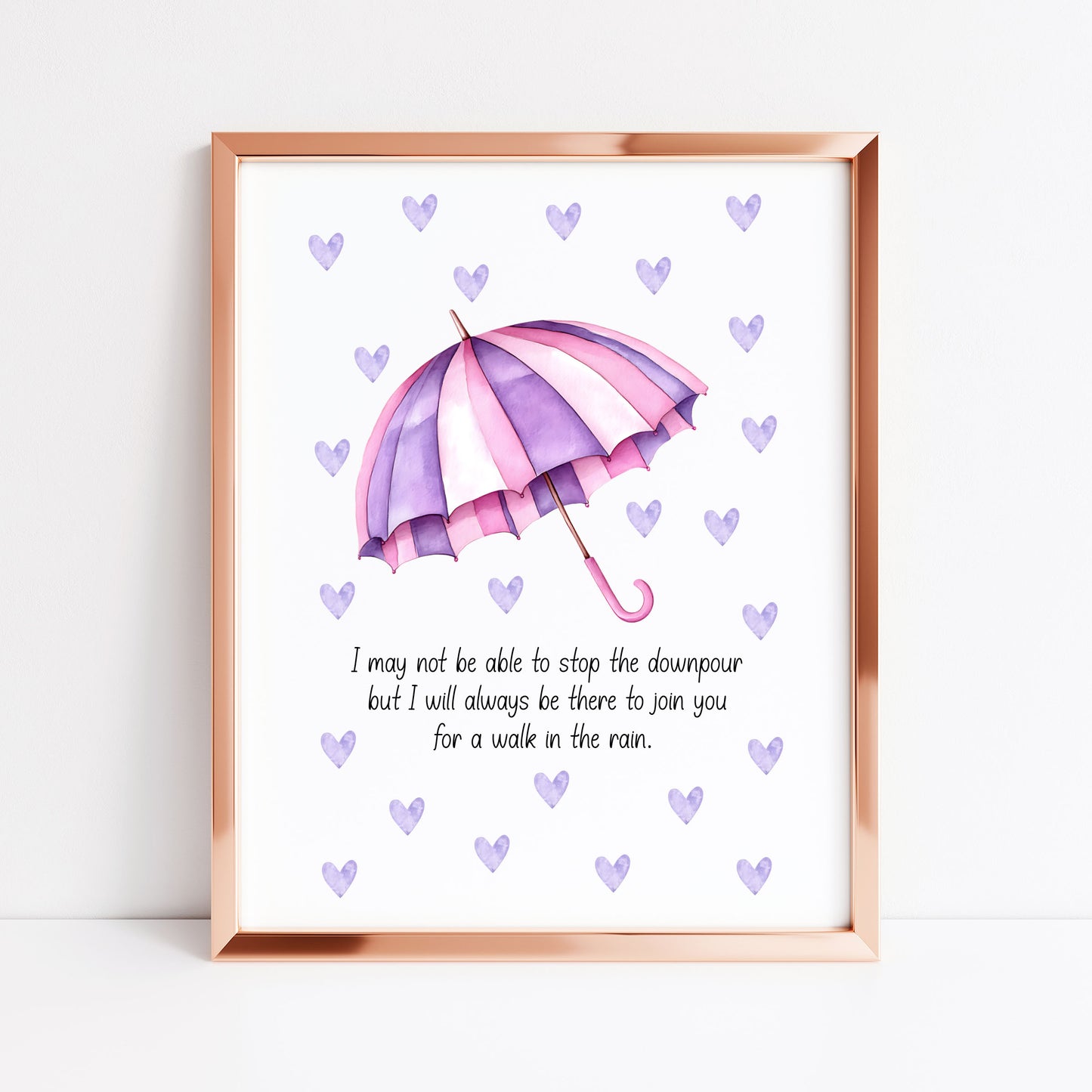 Walk in the Rain Print Rainbow Umbrella, pink purple hearts Motivational Wall Art (unframed)