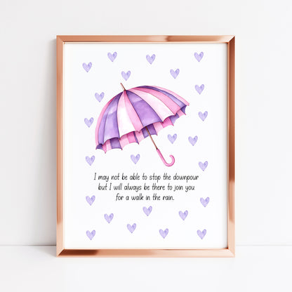 Walk in the Rain Print Rainbow Umbrella, pink purple hearts Motivational Wall Art (unframed)