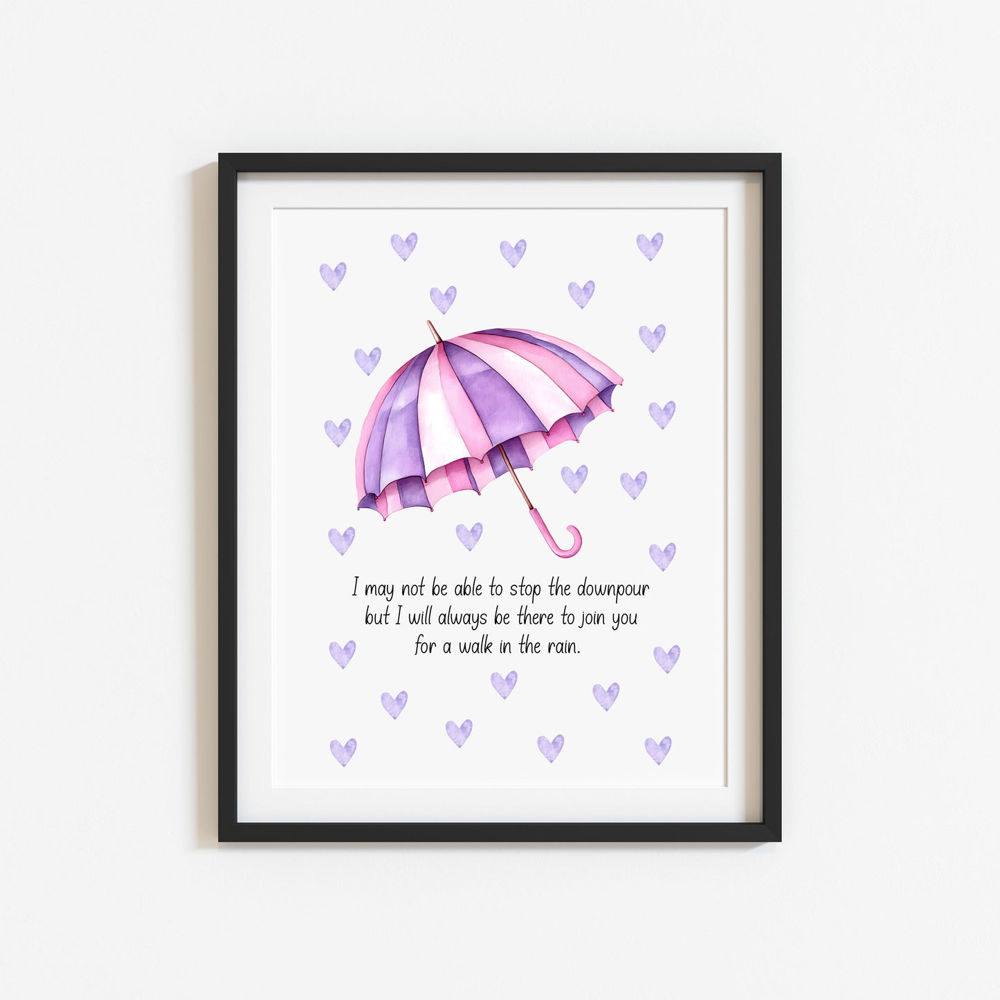 Walk in the Rain Print Rainbow Umbrella, pink purple hearts Motivational Wall Art (unframed)