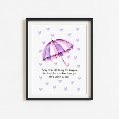 Walk in the Rain Print Rainbow Umbrella, pink purple hearts Motivational Wall Art (unframed)