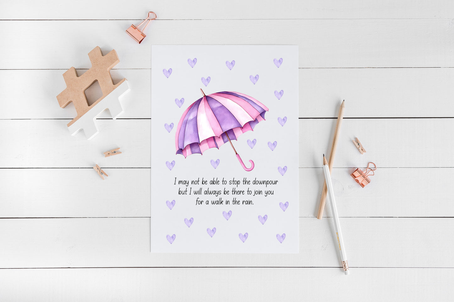 Walk in the Rain Print Rainbow Umbrella, pink purple hearts Motivational Wall Art (unframed)