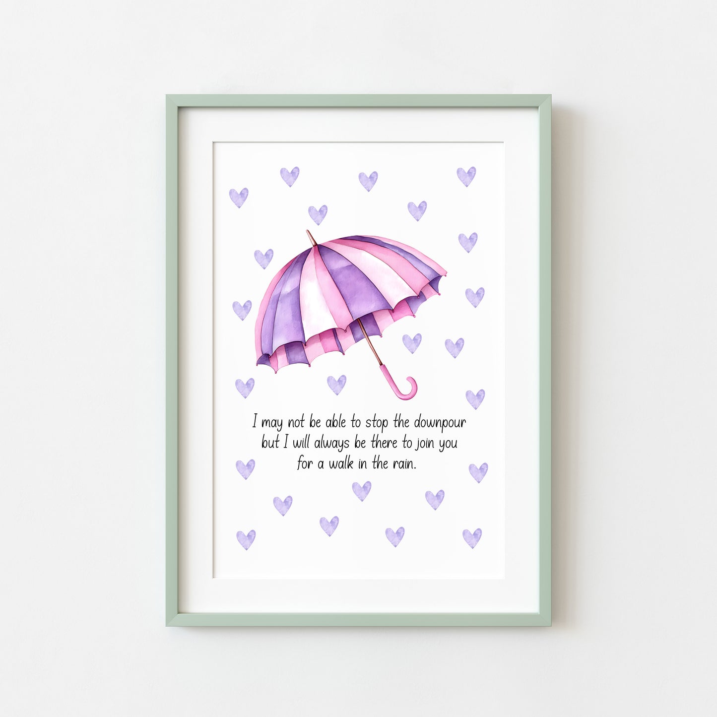Walk in the Rain Print Rainbow Umbrella, pink purple hearts Motivational Wall Art (unframed)