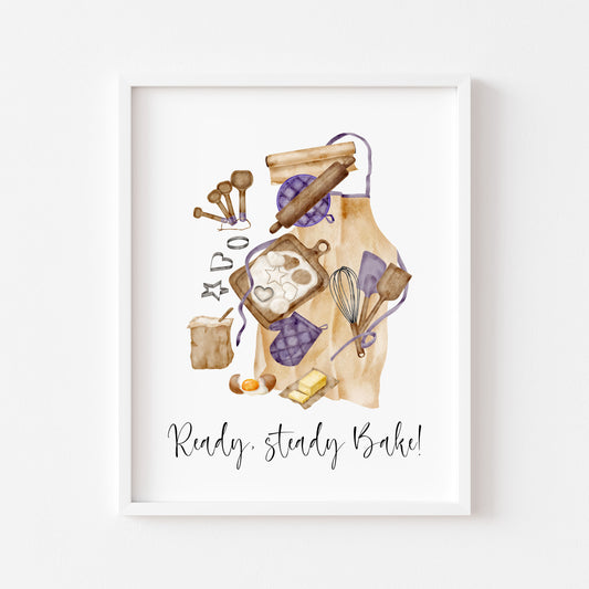 Baking print, ready steady bake purple beige baker Kitchen Art (Unframed)