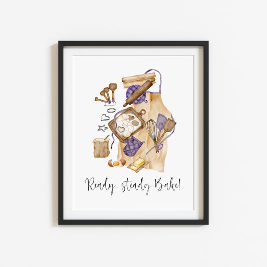 Baking print, ready steady bake purple beige baker Kitchen Art (Unframed)