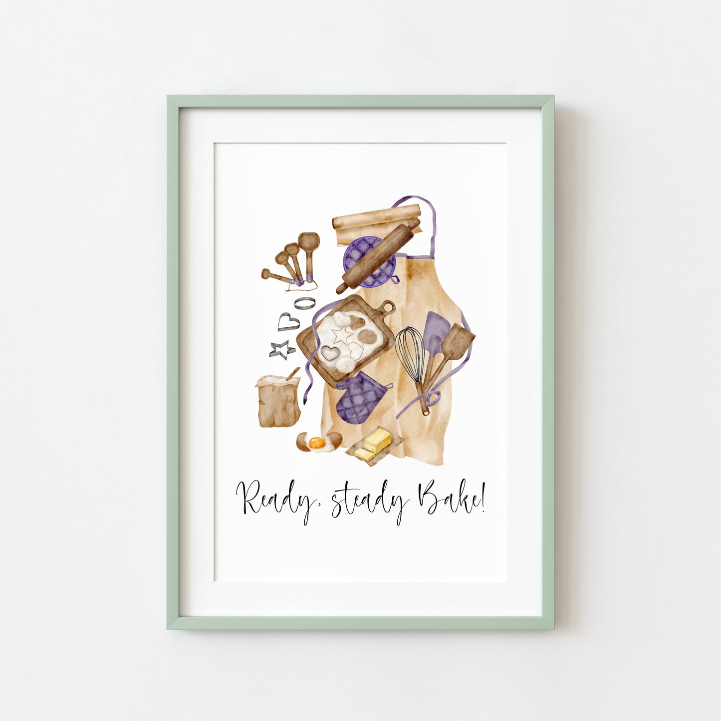 Baking print, ready steady bake purple beige baker Kitchen Art (Unframed)