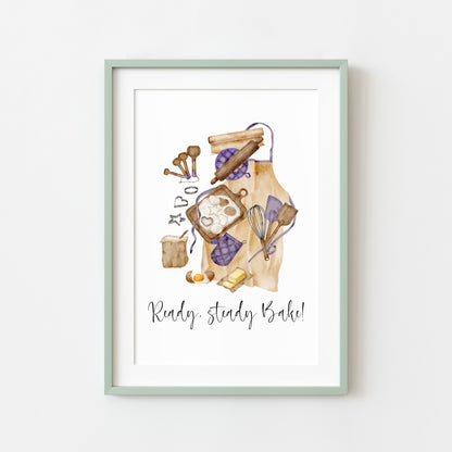 Baking print, ready steady bake purple beige baker Kitchen Art (Unframed)
