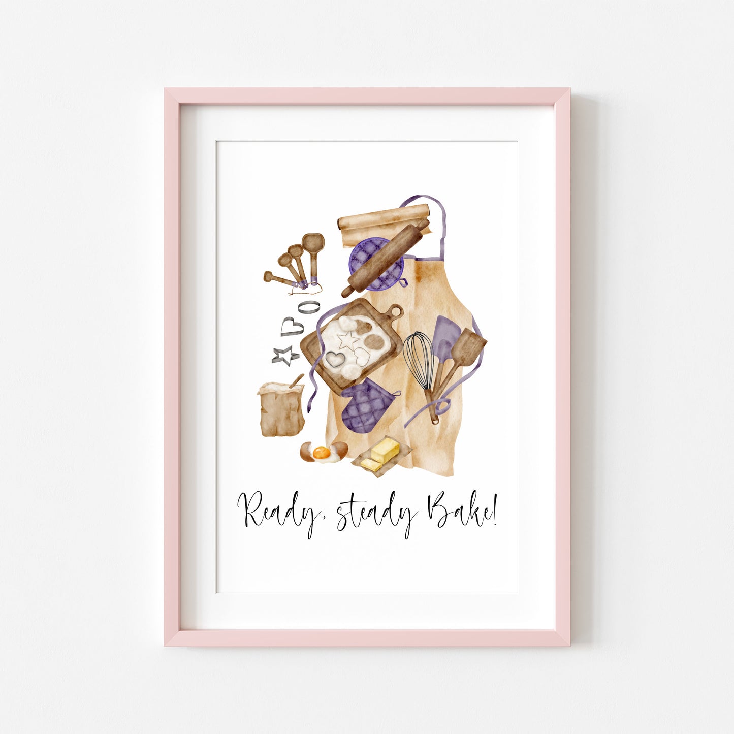 Baking print, ready steady bake purple beige baker Kitchen Art (Unframed)