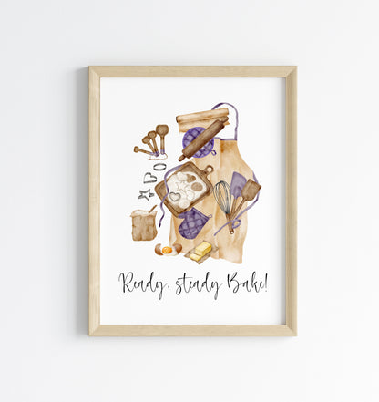 Baking print, ready steady bake purple beige baker Kitchen Art (Unframed)