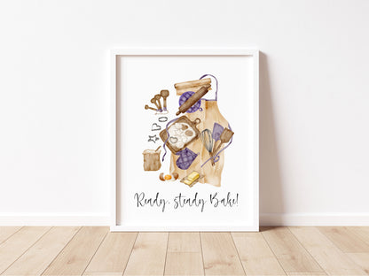 Baking print, ready steady bake purple beige baker Kitchen Art (Unframed)