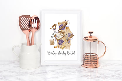 Baking print, ready steady bake purple beige baker Kitchen Art (Unframed)