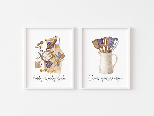 Baking prints, Ready steady bake utensils set of Kitchen unframed wall art poster prints