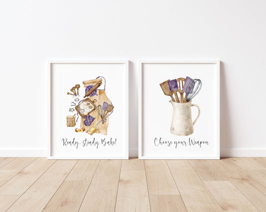 Baking prints, Ready steady bake utensils set of Kitchen unframed wall art poster prints
