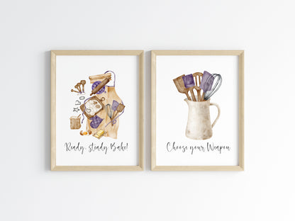 Baking prints, Ready steady bake utensils set of Kitchen unframed wall art poster prints