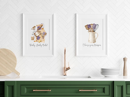 Baking prints, Ready steady bake utensils set of Kitchen unframed wall art poster prints