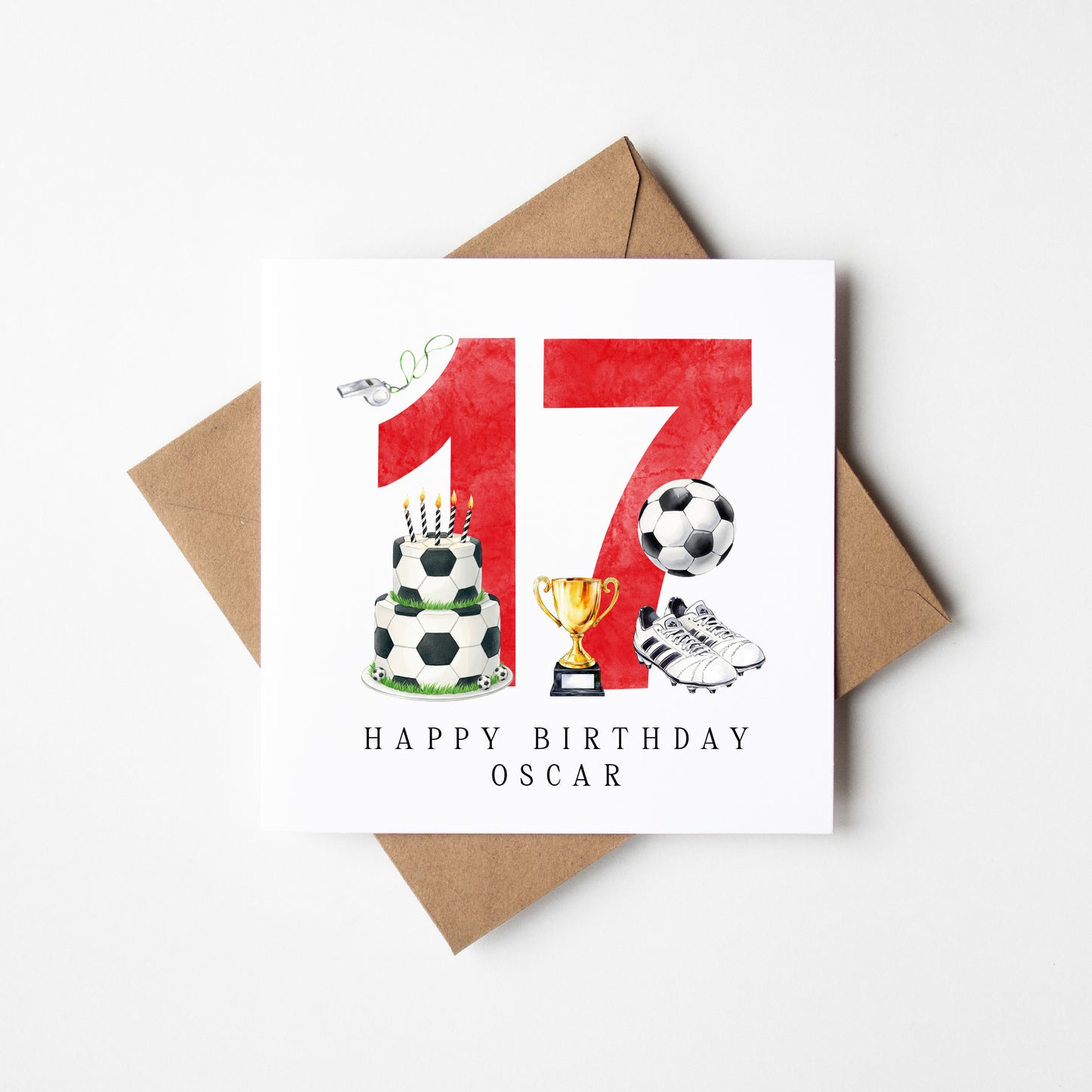 17th Birthday Card personalised football footy themed RED bday card number 17 with Envelope