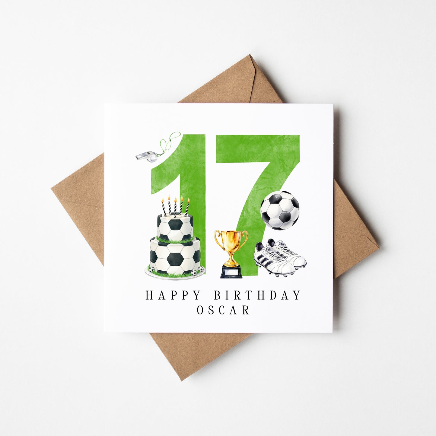 17th Birthday Card personalised football footy themed GREEN bday card number 17 with Envelope